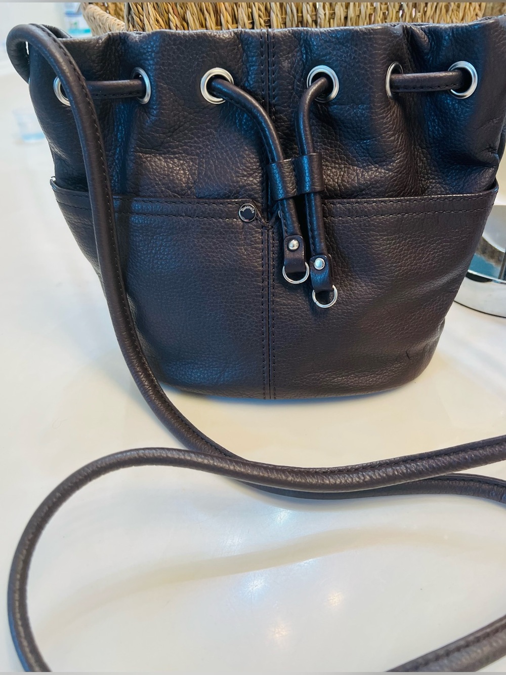 Tignanello Dark Brown Pebbled Leather Drawstring Crossbody